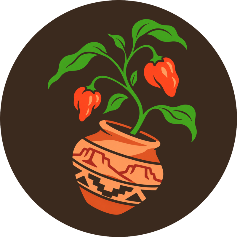 Desert Mesa Gardens logo, a chile plant with orange peppers growing from a clay pot